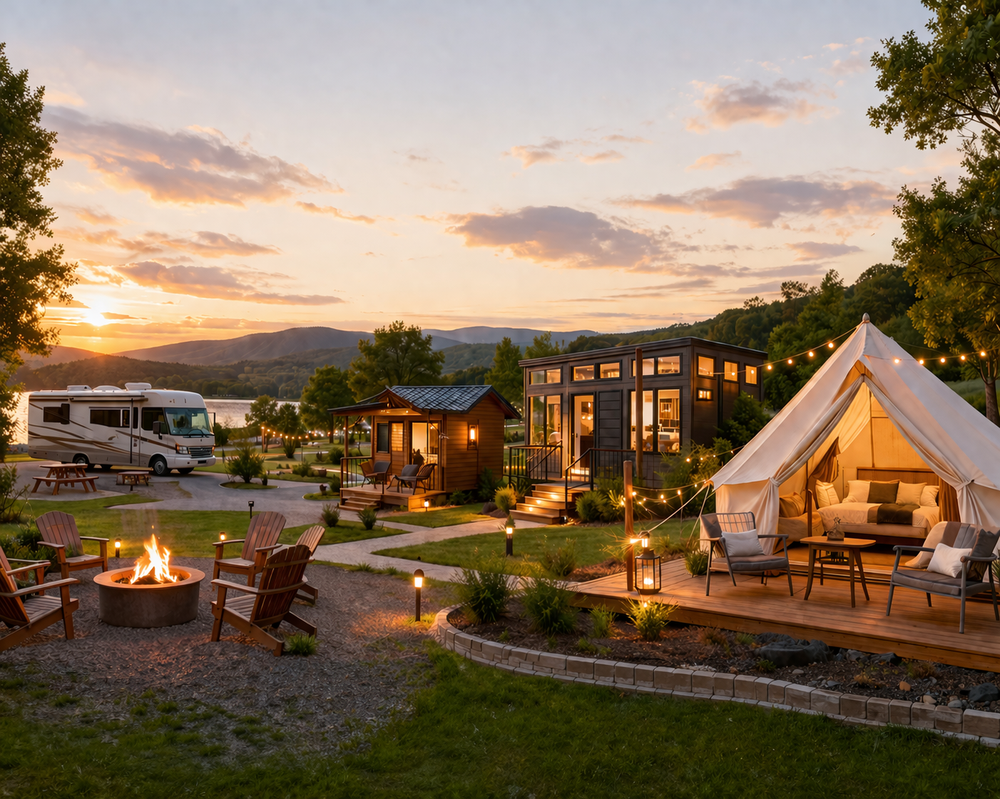 Glamping at RV park at sunset in Lubbock